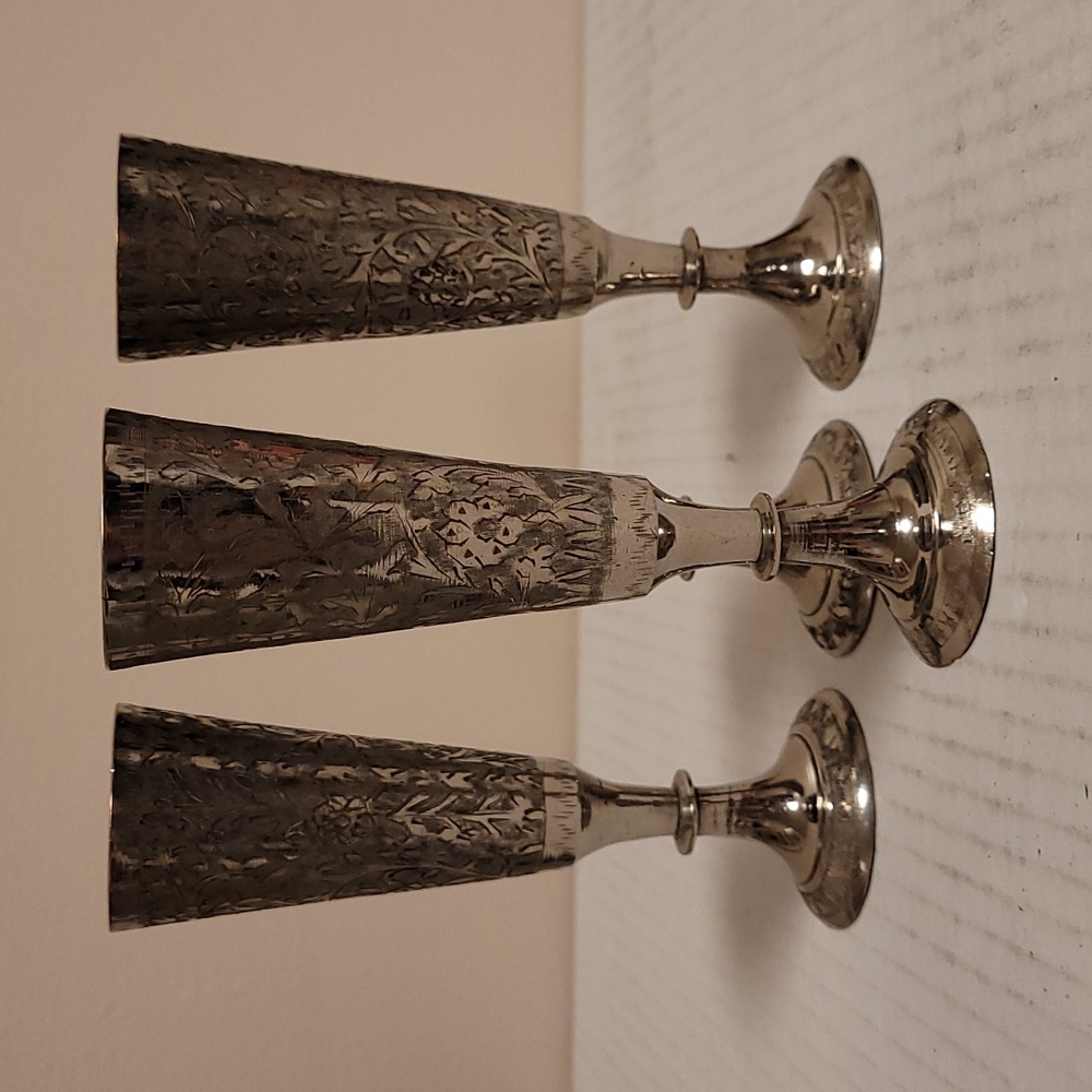 Set of 4 Vintage Etched Silver-Plate Over Brass Cordial Cup Flute